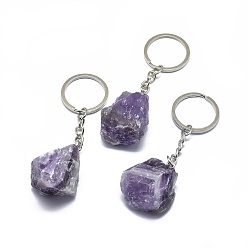 Amethyst Natural Amethyst Keychain, with Iron Chains and Alloy Key Rings, Nuggets, 89~97mm