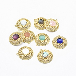 Golden Brass Micro Pave Cubic Zirconia Pendants, with Natural Gemstone/Shell, Flat Round, Clear, Golden, 22x20x6mm, Hole: 1mm