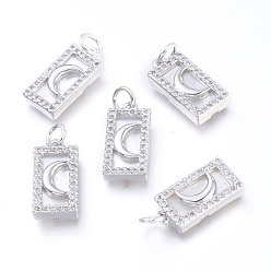 Платина Латунные микро проложить кубического циркония подвески, с прыжковыми кольцами и натуральной оболочкой, долговечный, без кадмия и без свинца и без никеля, Прямоугольник с луной, прозрачные, платина, 16x8x3 мм, отверстие : 3.4 мм