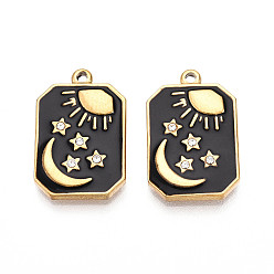 Черный Ионное покрытие (ip) 304 подвески из нержавеющей стали, с эмалью и горный хрусталь, прямоугольник солнце луна звезда подвески, реальный 18 k позолоченный, чёрные, 20x13x2.5 мм, отверстие : 1.4 мм