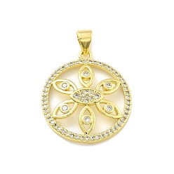 Настоящее золото 18K Стойка металлическая латунная микропрофилированная кубическая циркония подвески, круглая с цветком, без свинца и без кадмия, долговечный, реальный 18 k позолоченный, 24x21x3.5 мм, отверстие : 3.5 мм