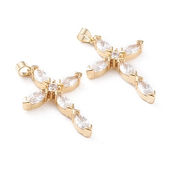 Настоящее золото 18K Латунные микро проложить кубического циркония подвески, долговечный, крестик, прозрачные, реальный 18 k позолоченный, 39x24x5 мм, отверстие : 3x4 мм