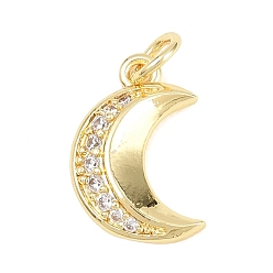 Настоящее золото 18K Латунные микропаве прозрачные подвески с фианитом, Луна прелести, долговечный, стойки покрытие, без свинца и без кадмия, реальный 18 k позолоченный, 15.5x10x3 мм, отверстие : 3.5 мм