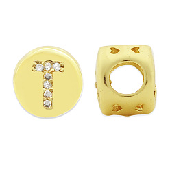 Letter T Brass Micro Pave Clear Cubic Zirconia Beads, Flat Round with Letter, Letter.T, 7.5x6.5mm, Hole: 3.5mm, 3pcs/bag
