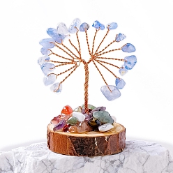 Аквамарин Натуральные аквамариновые чипсы дерево жизни украшения, деревянная основа с орнаментом фэн-шуй из медной проволоки, 50~70x30~40 мм