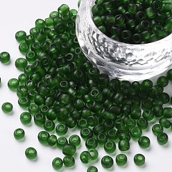 Green Glass Seed Beads, Frosted Colors, Round, Green, 4mm, Hole: 1~1.5mm, about 4500pcs/pound