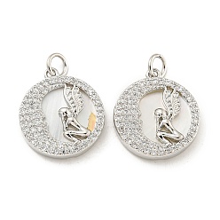Платинированный Латунные микропаве прозрачные подвески с фианитом, без кадмия, без никеля и без свинца, с оболочкой и кольцами для прыжков, плоский круглый с ангельскими подвесками, Реальная платина, 18x16x2.5~3.5 мм, отверстие : 3 мм