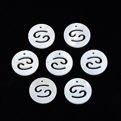Cancer Natural Freshwater Shell Charms, Flat Round with Twelve Constellations, Hollow, Cancer, 12x1.5mm, Hole: 0.9mm