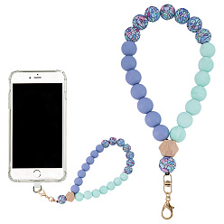 Cornflower Blue 1Pc Silicone & Wood Pendant Decorations, with Alloy Lobster Claw Clasps, Round, Golden, Cornflower Blue, 220mm