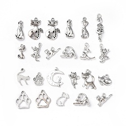 Antique Silver Tibetan Style Alloy Pendants, Cat Charms, Antique Silver, 16.5~33x8.5~16.5x2.5~3mm, Hole: 1.5~2mm, 51pcs/set