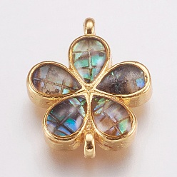 Golden Abalone Shell/Paua Shell Links connectors, with Brass Findings, Flower, Golden, 16x13x3.5mm, Hole: 1mm