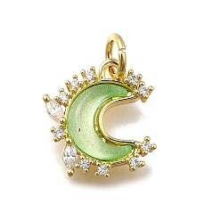 Зеленый газон Латунный микропаве прозрачный кубический цирконий со стеклянными подвесками, луна, без кадмия и без свинца, долговечный, стойки покрытие, с целью перехода в кольце, зеленый газон, 13.5x11.5x3 мм, отверстие : 3.5 мм