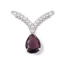 Purple Rack Plating Brass Micro Pave Cubic Zirconia 2-Loop Pendants, Teardrop & V-shape Charm, with Glass, Cadmium Free & Lead Free, Long-Lasting Plated, Platinum, Purple, 36x36x7mm, Hole: 1mm