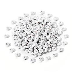 Silver Plated White Opaque Acrylic Beads, Flat Round with Star, Silver Plated, 7x4mm, Hole: 1.5mm, about 200pcs/bag