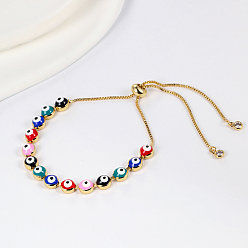 Colorful Brass Evil Eye Link Chains Slider Bracelet, Adjustable Bracelet, Mixed Color, Inner Diameter: 2-3/8~2-3/4 inch(6~7cm)