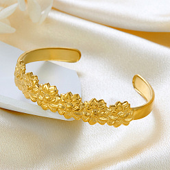 Золотой 304 женские браслеты-манжеты из нержавеющей стали, цветок, золотые, внутренний диаметр: 2-1/2x1-7/8 дюйм (6.2x4.7 см)