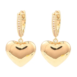 Light Gold Brass with Cubic Zirconia Dangle Hoop Earrings, Heart, Light Gold, 31.5x17mm
