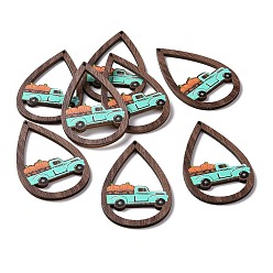 Car Autumn Theme Single Face Printed Aspen Wood Big Pendants, Teardrop Charm, Car Pattern, 54.5x34x2.5mm, Hole: 1.6mm