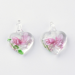 Pink  Сверкающие кулоны лэмпворк ручной работы, с внутренним цветок, сердце, розовые, 27~33x21~23x9~11 мм, отверстие : 4~7 мм