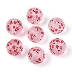 Вишня Прозрачные матовые акриловые бусины, круглый с фруктами, Индийская красная, вишня, 15~15.5 мм, отверстие : 2.5 мм