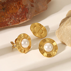 Настоящее золото 18K Винтажный китайский стиль 304 Комплекты из круглых серег-гвоздиков и колец-манжет из нержавеющей стали для женщин, с пластиковой имитацией жемчуга, реальный 18 k позолоченный