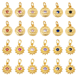 (52) Непрозрачная лаванда 24 шт 12 стили латунные подвески из микропаве с фианитом, Злые чары глаз, с целью перехода в кольце, реальный 18 k позолоченный, разноцветные, 12~12.5x10x2~2.7 мм, отверстие : 3 мм, 2 шт / стиль
