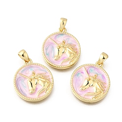Настоящее золото 18K Латунь эмаль подвески, плоский круг с подвесками в виде единорога, стойки покрытие, прочное покрытие, без кадмия и без свинца, реальный 18 k позолоченный, 18.5x16x3 мм, отверстие : 4x2 мм