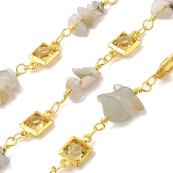 Пренит Латунные соединительные цепи ручной работы, с пренитом и стеклянными бусинами и катушкой, долговечный, пайки, без свинца и без кадмия, золотые, квадратный, квадратные звенья: 12x6.5x3.5мм