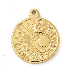 Золотой 304 подвески из нержавеющей стали, плоский круглый с солнечным шармом, золотые, 21.5x18x2 мм, отверстие : 1.6 мм