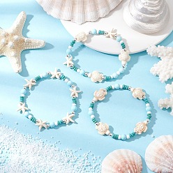 Белый 3шт. браслеты из синтетической окрашенной бирюзы и натурального хаулита для женщин, черепаха и морская звезда, с серебряным гальваническим покрытием из немагнитных синтетических гематитовых бусин, белые, внутренний диаметр: 2-1/8 дюйм (5.5 см)