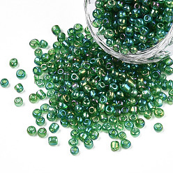 Dark Green Round Glass Seed Beads, Transparent Colours Rainbow, Round, Dark Green, 3mm