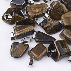 Tiger Eye Natural Tiger Eye Pendants, with Stainless Steel Snap On Bails, Nuggets, 15~35x10~20x5~15mm, Hole: 3x7.5mm