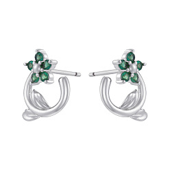 Зеленый Серьги-гвоздики из латуни с кубическим цирконием ко Дню святого Валентина, цветок, платина, зелёные, 13.5x12 мм