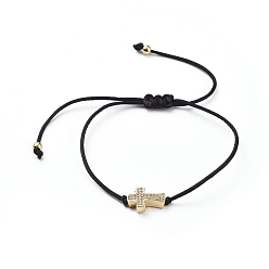 Golden Unisex Nylon Thread Braided Bead Bracelets, with Brass Micro Pave Cubic Zirconia Beads and Brass Beads, Cross, Golden, 11-7/8 inch(30cm), 1mm