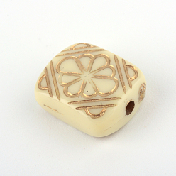 Beige Rectangle avec des perles acryliques fleurs de placage, métal doré enlaça, beige, 12x10x5mm, trou: 1.5 mm, environ 1016 pcs / 500 g