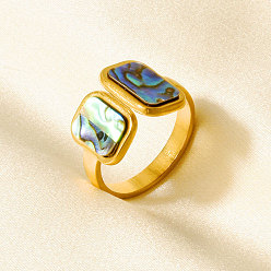 Настоящее золото 18K 304 Открытые кольца-манжеты из нержавеющей стали с натуральными ракушками для женщин, прямоугольные, реальный 18 k позолоченный, 13 мм, внутренний диаметр: 17 мм