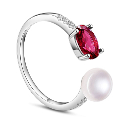 Platinum Gorgeous Rhodium Plated 925 Sterling Silver Cuff Rings, Open Rings, with Red AAA Cubic Zirconia and Freshwater Pearl, Platinum, 18mm