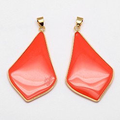 Orange Red Rhombus Real Gold Plating Brass Glass Pendants, Orange Red, 50x29x4mm, Hole: 5x3mm