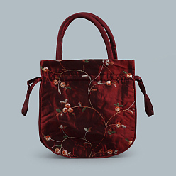 Dark Red Retro Rectangle Cloth Drawstring Women Wristlets, with Handles, Embroidery Flower Pattern, Dark Red, 21x20x6cm