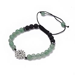 Anahata Chakra Jewelry, Adjustable Nylon Thread Braided Bead Bracelets, with Natural Green Aventurine  & Synthetic Lava Rock Beads, Non-Magnetic Synthetic Hematite Beads and Alloy Links, Anahata, Inner Diameter: 1-7/8~3-1/2 inch(4.8~9cm), Link: 20x15x1.3mm