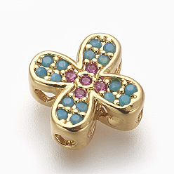 Золотой Латунные микро проложить кубического циркония бусы, без свинца и без кадмия, крестик, красочный, золотые, 10x10x3.5 мм, отверстие : 1 мм