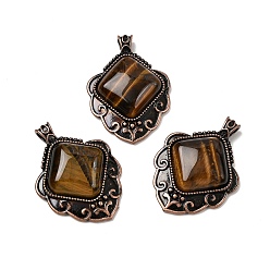 Тигровый глаз Естественно тигровый глаз ромб подвески, с винтажной латунной рамкой красного медного оттенка, 40~40.5x29~29.5x7.5 мм, отверстие : 5x3.5 мм