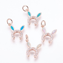 (52) Непрозрачная лаванда Латунные подвески с фианитами, с синтетическим опалом, кроличьи уши, розовое золото , разноцветные, 17x15x3 мм, отверстие : 4 мм
