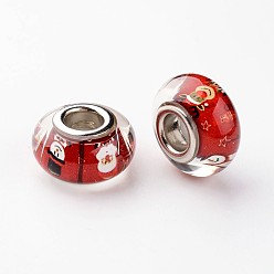 Красный Большое отверстие Rondelle смолы европейские шарики, с латунными двойными ядрами, платиновый оттенок, Рождество, красные, 14x8 мм, отверстие : 5 мм