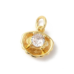 Real 18K Gold Plated Rack Plating Brass Clear Cubic Zirconia Charms, with Jump Ring, Long-Lasting Plated, Cadmium Free & Lead Free, Sea Shell, Real 18K Gold Plated, 14x10x4mm, Hole: 3mm