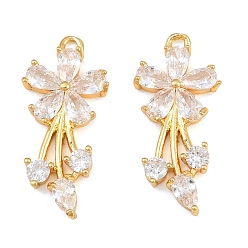 Clear Brass Micro Pave Cubic Zirconia Pendants, Flower Charms, Real 18K Gold Plated, Clear, 25x11x3mm, Hole: 1.4mm