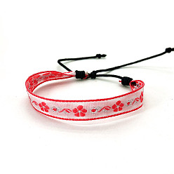 Red Bohemia Polyester Braided Flat Cord Bracelet, Adjustable Bracelet for Women, Red, 6-1/2~9-7/8 inch(16.5~25cm)