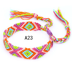 Dark Orange Cotton Braided Rhombus Pattern Cord Bracelet, Ethnic Tribal Adjustable Brazilian Bracelet for Women, Dark Orange, 5-7/8~14-1/8 inch(15~36cm)