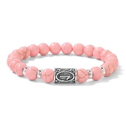 Synthetic Turquoise Alloy Nordic Viking Runes 8MM Dyed Synthetic Turquoise Round Beaded Stretch Bracelets, Antique Silver, Pink, 7.48 inch(19cm)