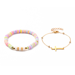 Mixed Color Stretch Bracelets & Sideways Cross Links Bracelets Set, Stackable Bracelets, with Handmade Polymer Clay Beads, Brass Cable Chains and 201 Stainless Steel Links, Pink, 2-1/8 inch(5.5cm), 7-1/4 inch(18.5cm)